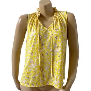 Melloday Medium Yellow Paisley Sleeveless Tie Neck Blouse Ruffle Stretch Womens